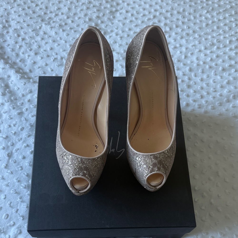Giuseppe Zanotti Silver Glitter Peep-Toe Heels